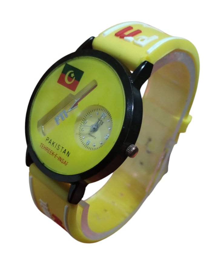 PTI Analog Wrist Watch | Pakistan Tehreek Insaf Wrist Watch For Men | Wrist Watch For Boys | Wrist Watch For Kids | Best Quality Wrist Watch with Analog Display - Cell Operated Watch - Silicone Watch - Yellow Color ( Without Box )